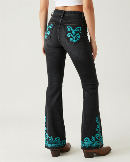 Black Baroque Scroll Bootcut Jeans – Back View – Riley – Black