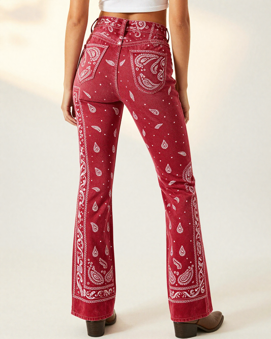 Classic Red Bandana Bootcut Jeans – Back View – Riley – Red / White