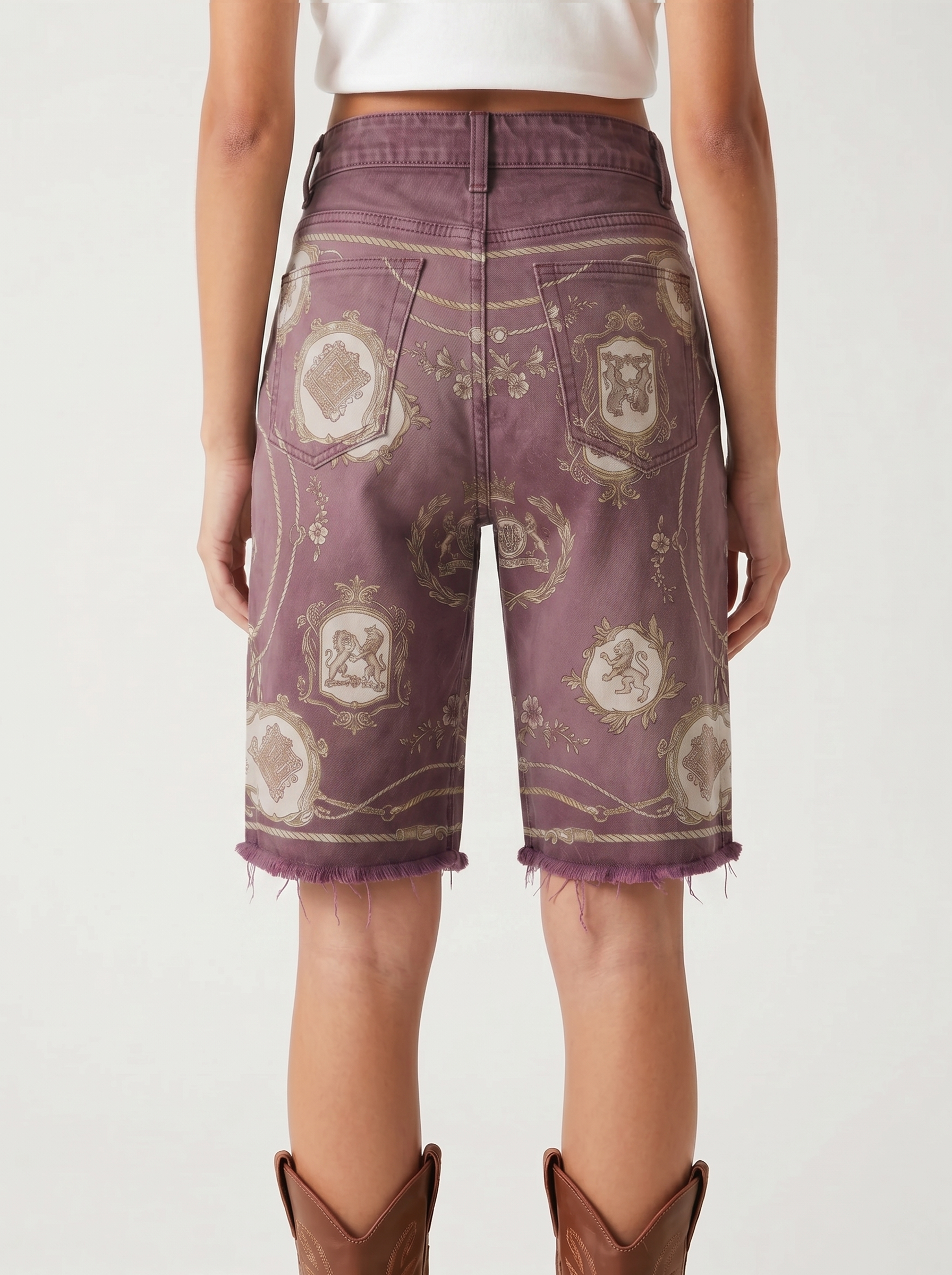 Turquoise Filigree Fade Denim Shorts – Back View – Riley – Medium Blue