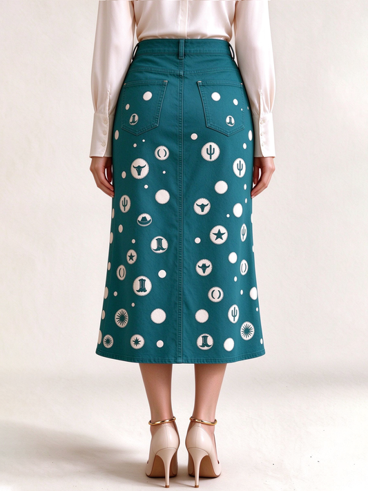 Desert Starlight Western Denim Midi Skirt – Back View – Riley – Teal