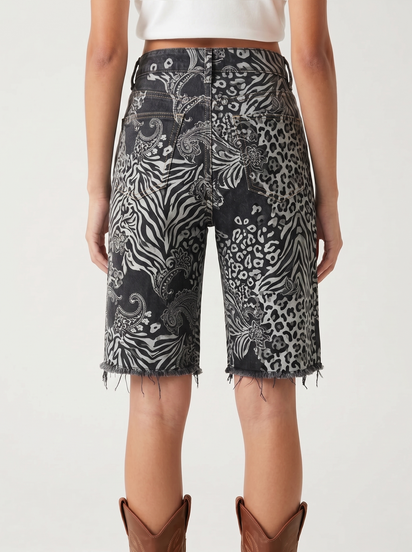 Aqua Mandala Scatter Denim Shorts – Back View – Riley – Light Blue