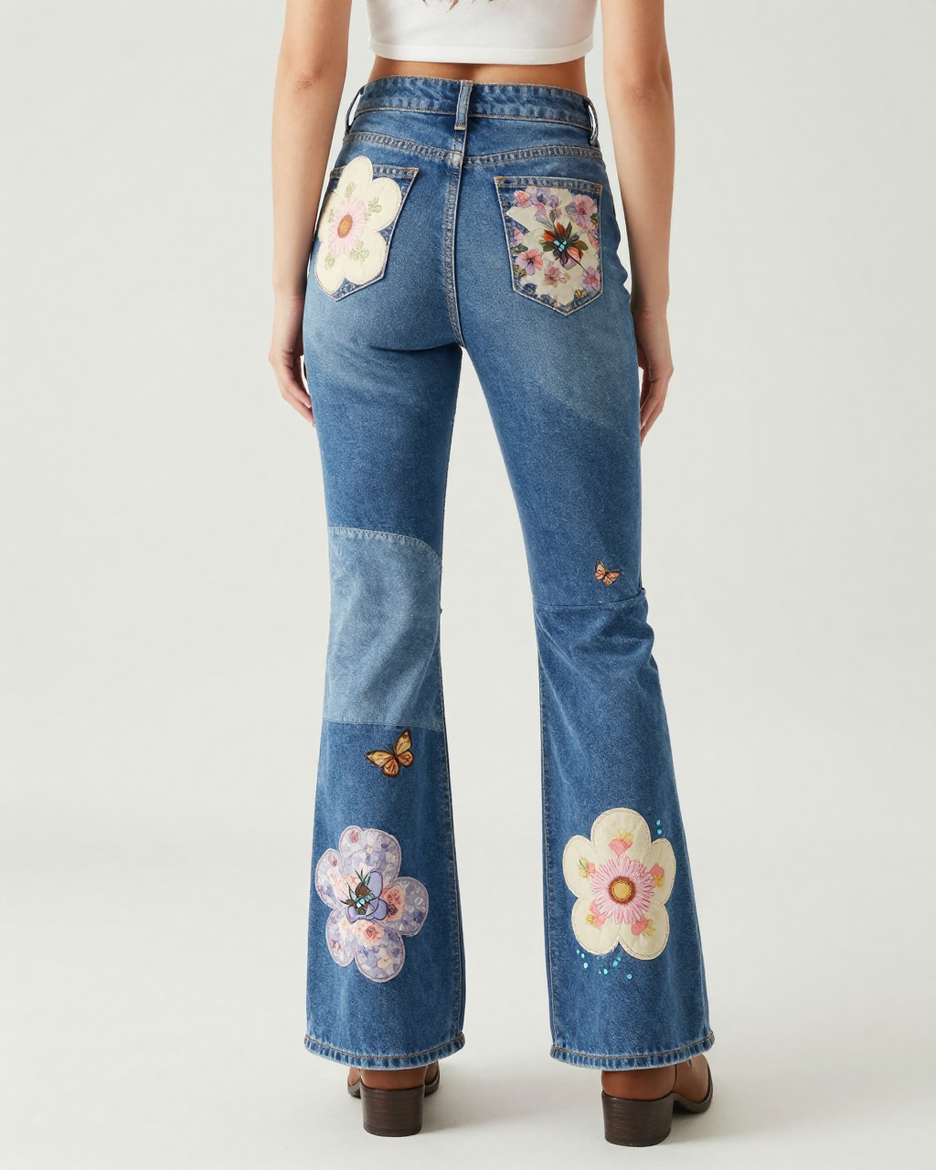 Floral Patchwork Bootcut Jeans – Back View – Riley – Medium Blue