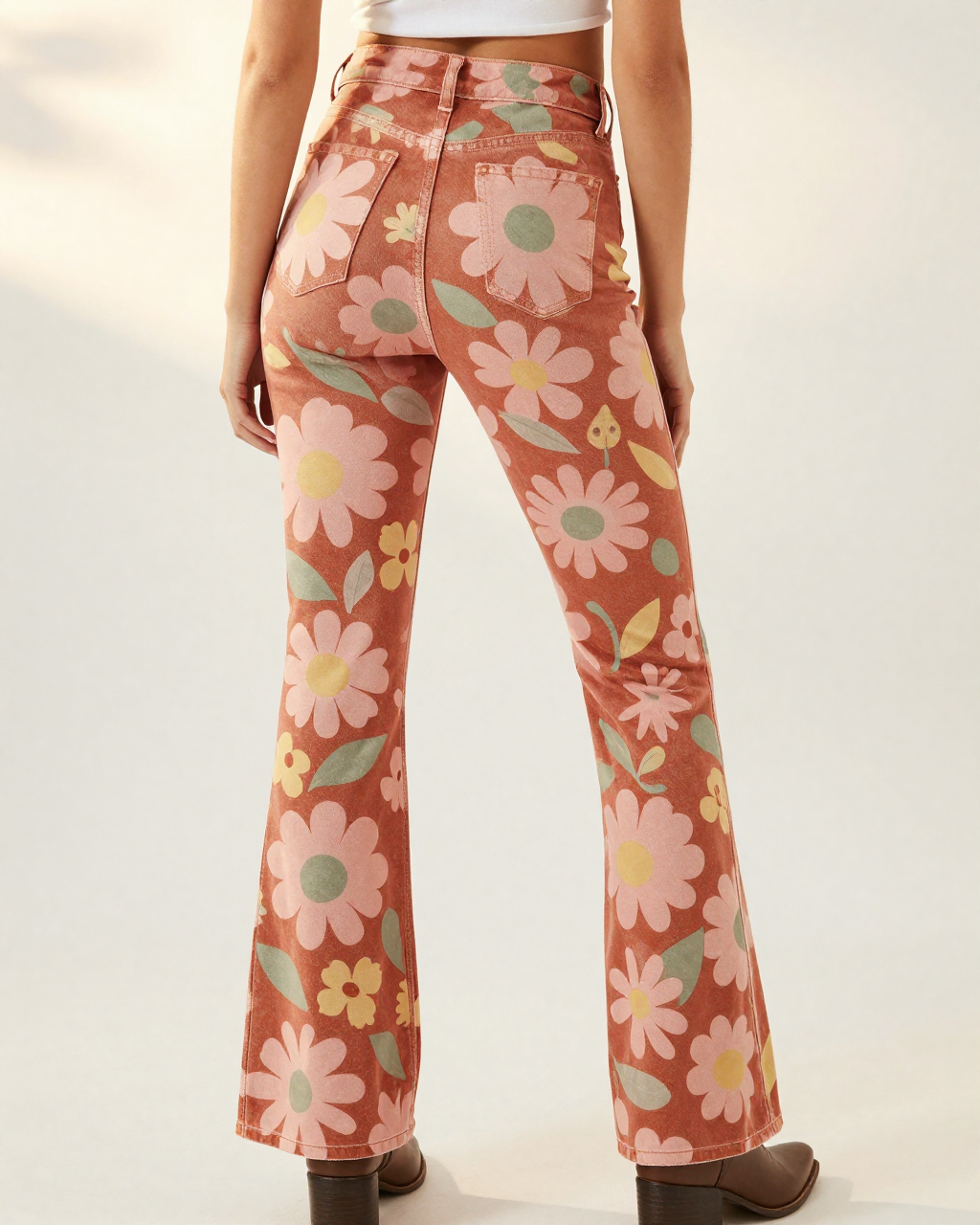 Sunset Daisy Bootcut Jeans – Back View – Riley – Rust / Gold / Cream