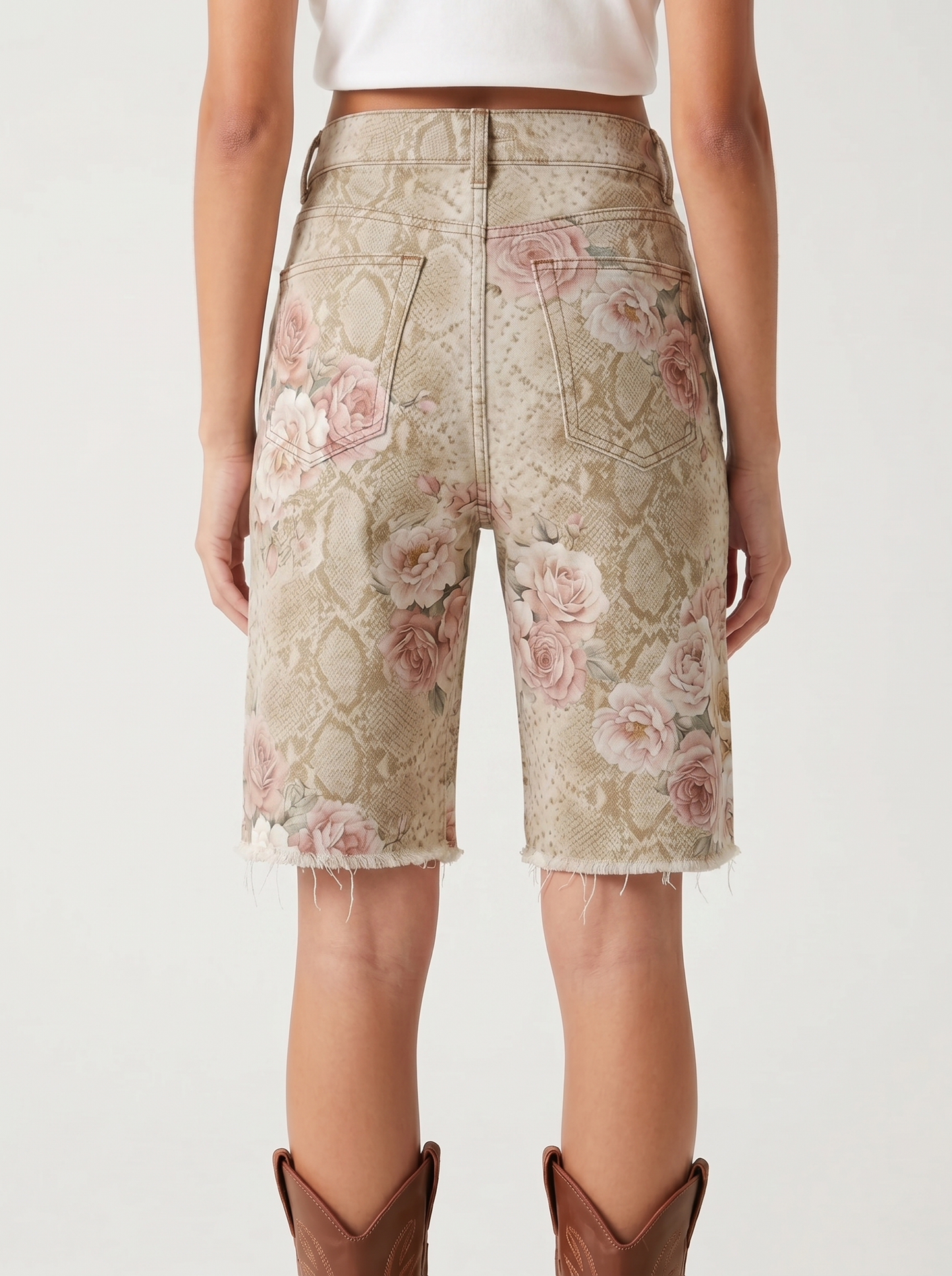 Turquoise Vine Scroll Denim Shorts – Back View – Riley – Medium Blue