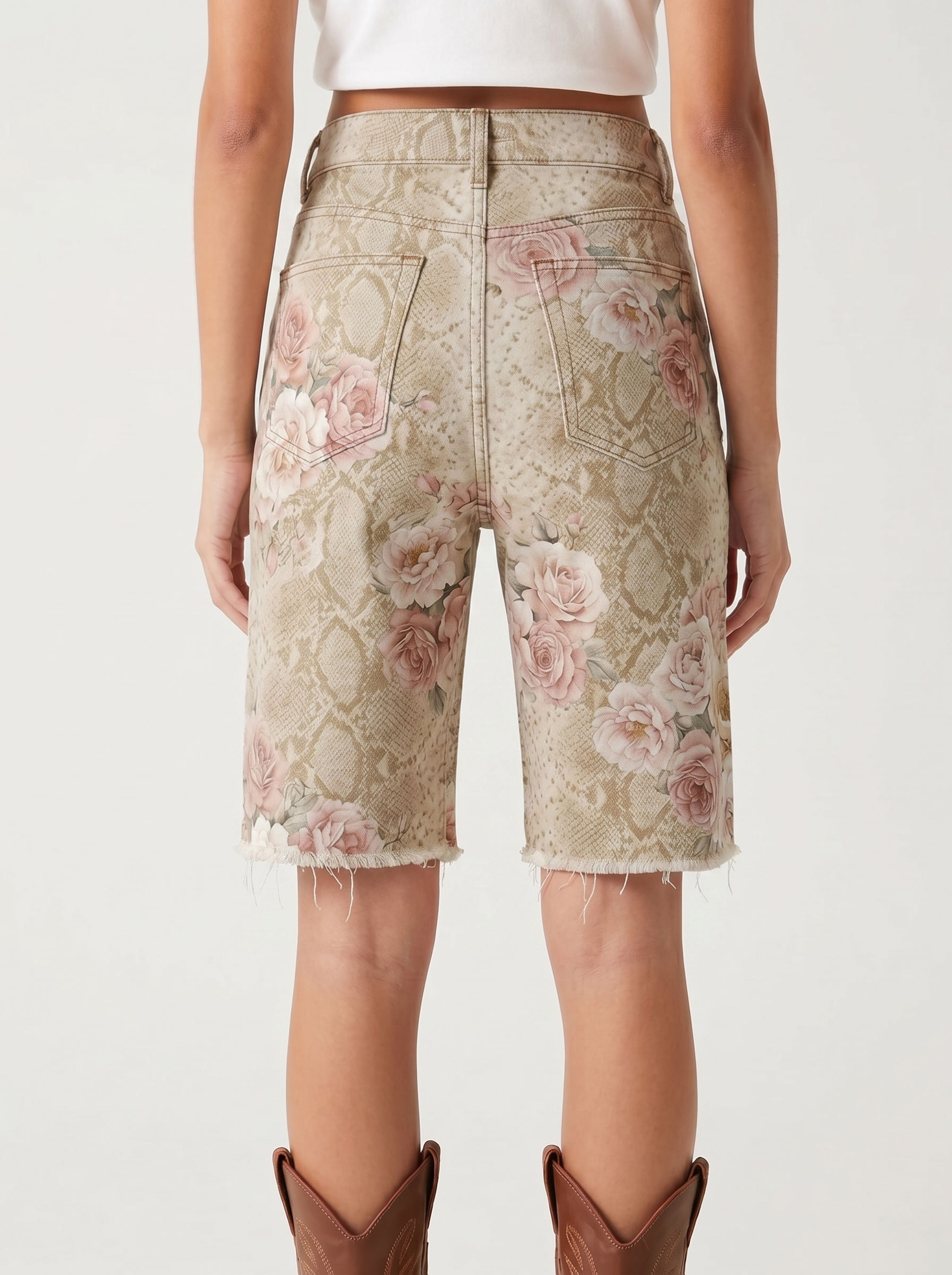 Turquoise Vine Scroll Denim Shorts – Back View – Riley – Medium Blue