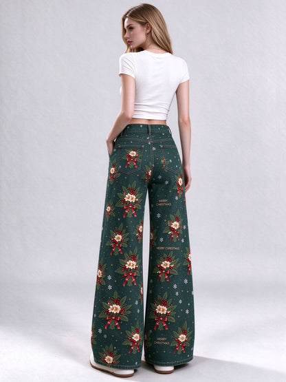 Outlaw Poinsettia Bloom Wide-Leg Jeans
