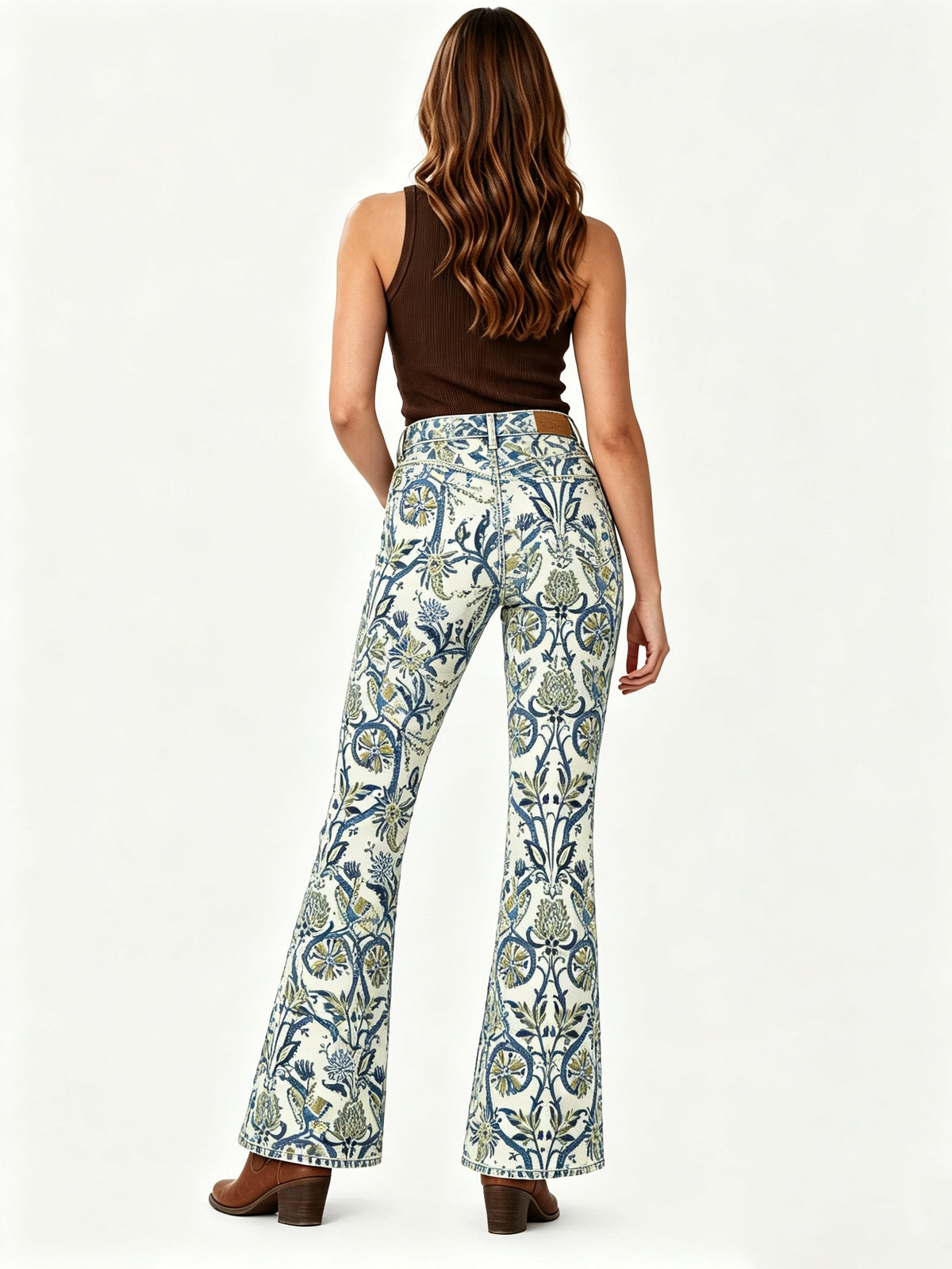 Prairie Bloom Cream Floral Bootcut Jeans – Back View – Riley – cream, navy, olive