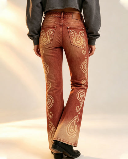 Prairie Whirl Rust Bootcut Jeans – Back View – Riley – rust
