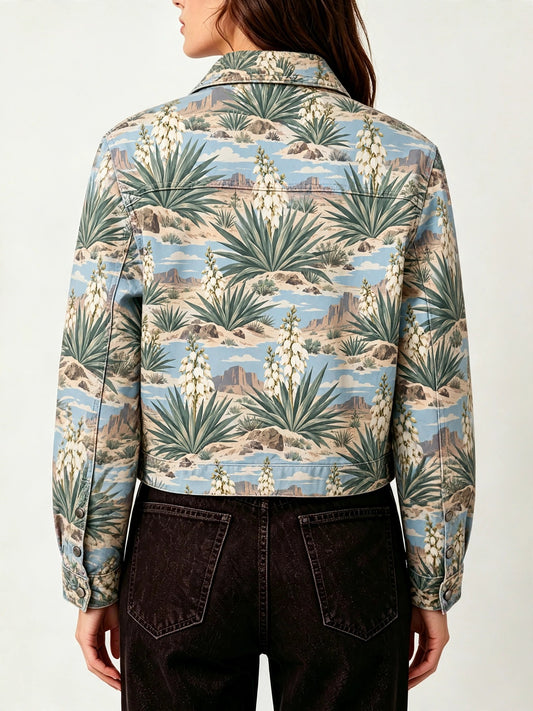 Desert Cactus Bloom Cropped Denim Jacket