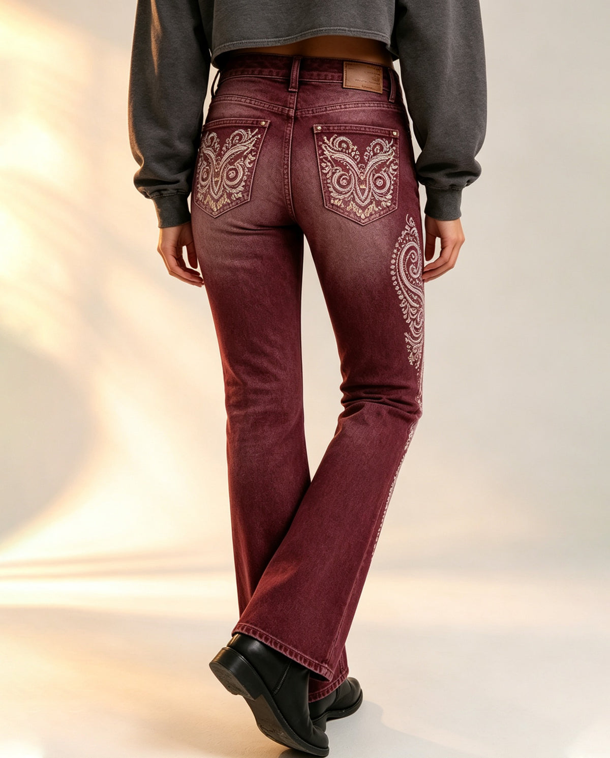 Prairie Paisley Bootcut Jeans – Back View – Riley – burgundy