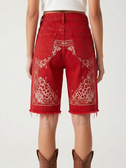 Turquoise Butterfly Cascade Denim Shorts – Back View – Riley – Medium Blue