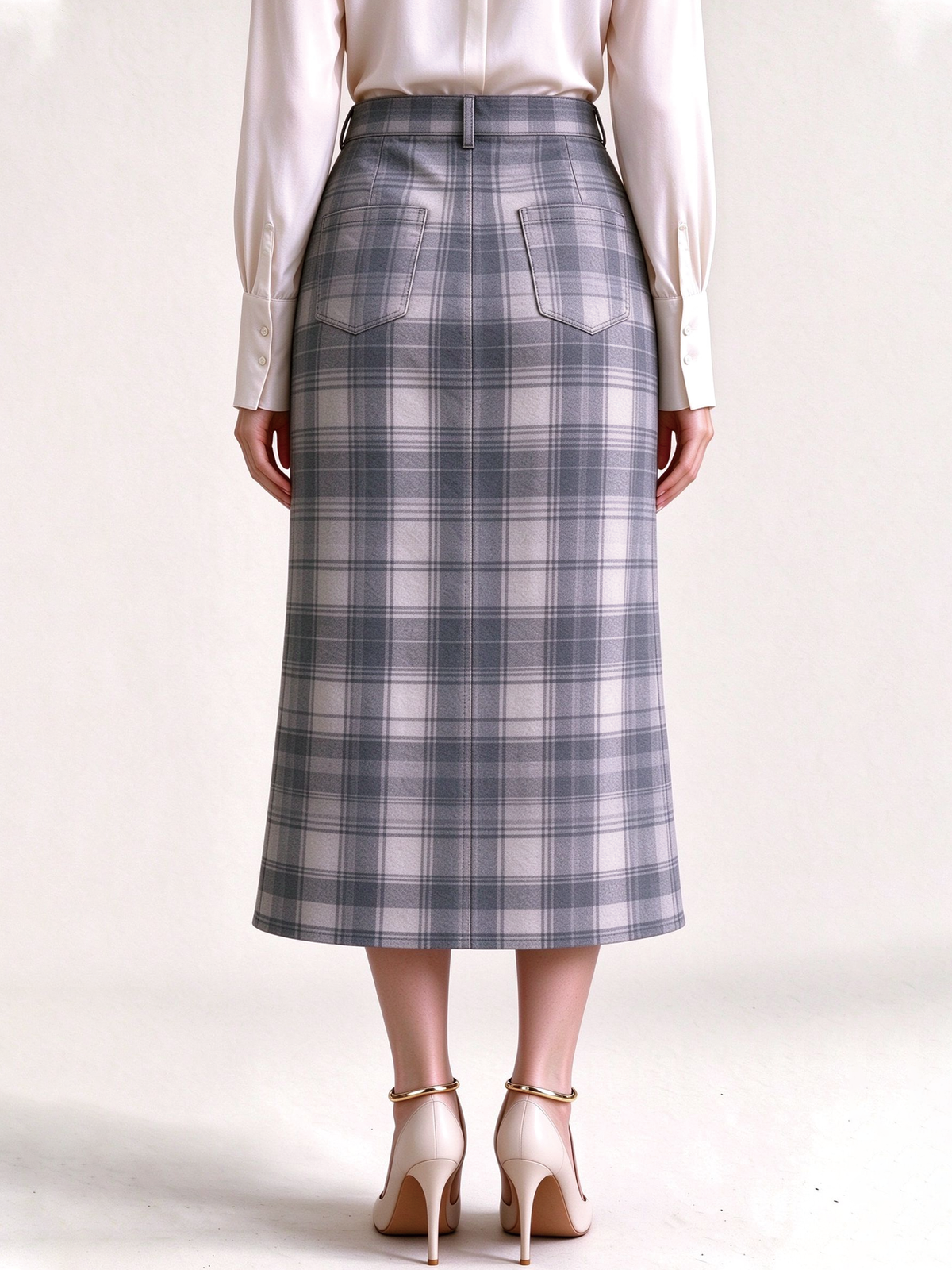 Ranch Ridge Western Denim Midi Skirt – Back View – Riley – Gray