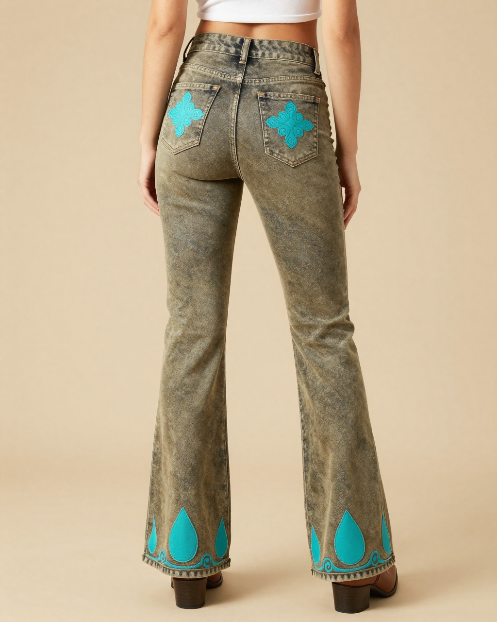 Turquoise Scroll Bootcut Jeans – Back View – Riley – Olive Brown