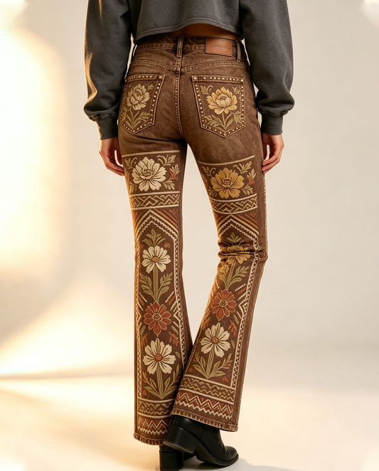 Desert Bloom Brown Floral 2 Bootcut Jeans – Back View – Riley – brown