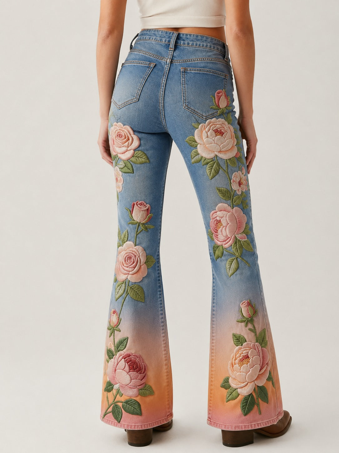 Rosebloom Reverie Bootcut Jeans – Back View – Riley – Denim Blue, Blush Pink, Coral