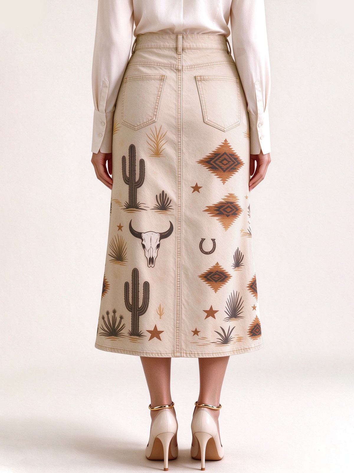 Desert Mirage 974 Western Denim Midi Skirt – Back View – Riley – Beige