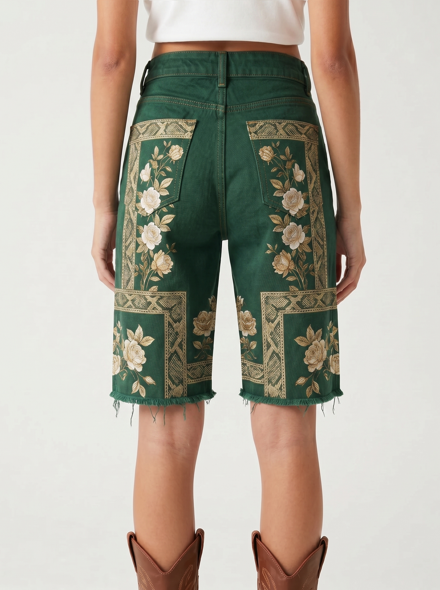 Teal Ornate AOP Denim Shorts – Back View – Riley – Medium Blue