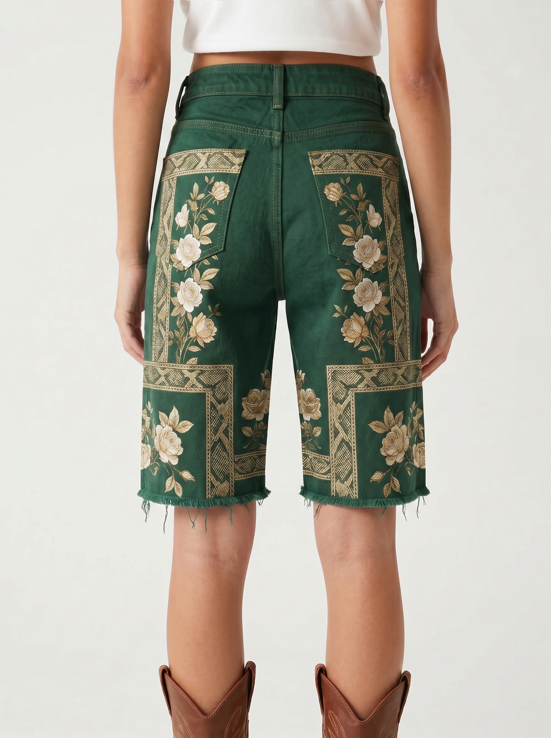 Teal Ornate AOP Denim Shorts – Back View – Riley – Medium Blue