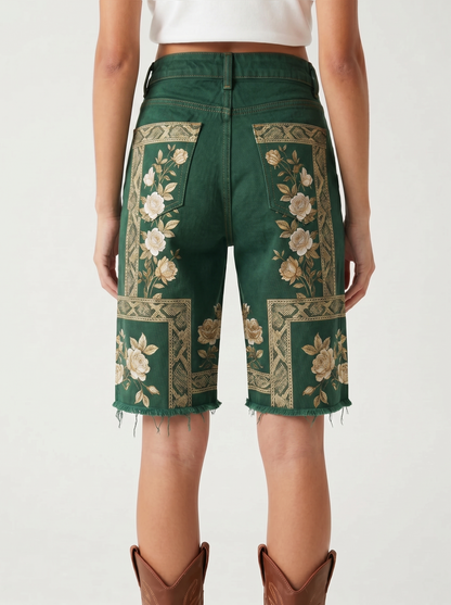 Teal Ornate AOP Denim Shorts – Back View – Riley – Medium Blue