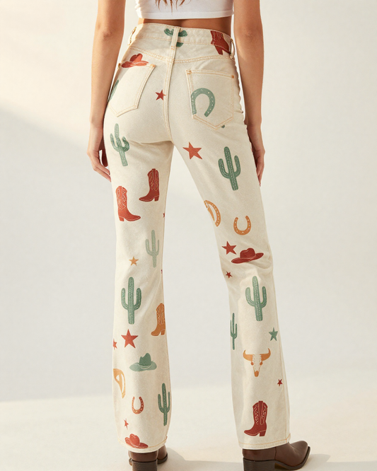 Cowgirl Toss Warm Bootcut Jeans – Back View – Riley – Terracotta / Sage / Cream
