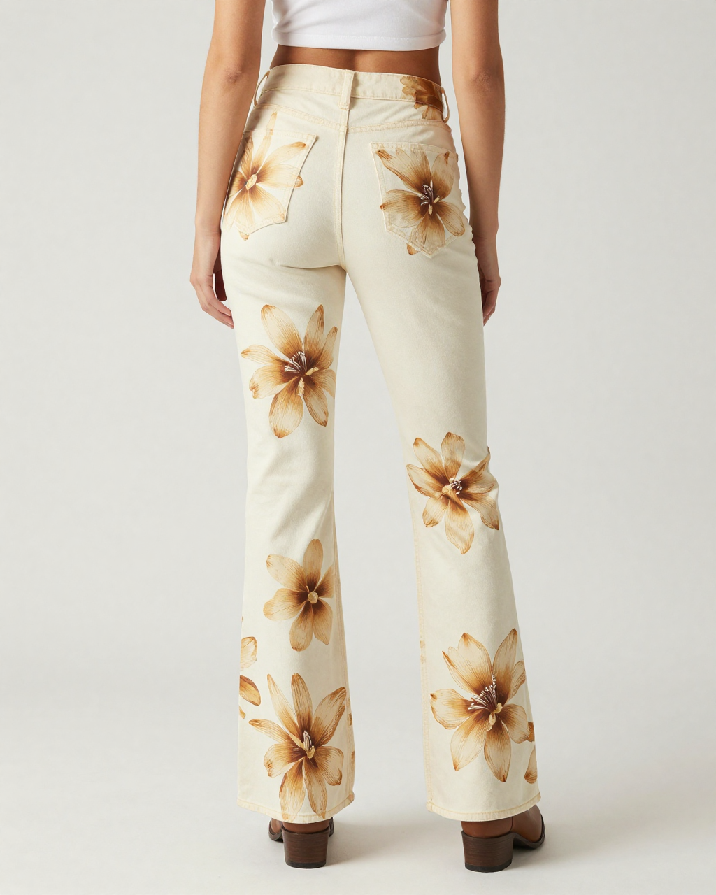 Cream Tropical Bloom Bootcut Jeans – Back View – Riley – Cream White
