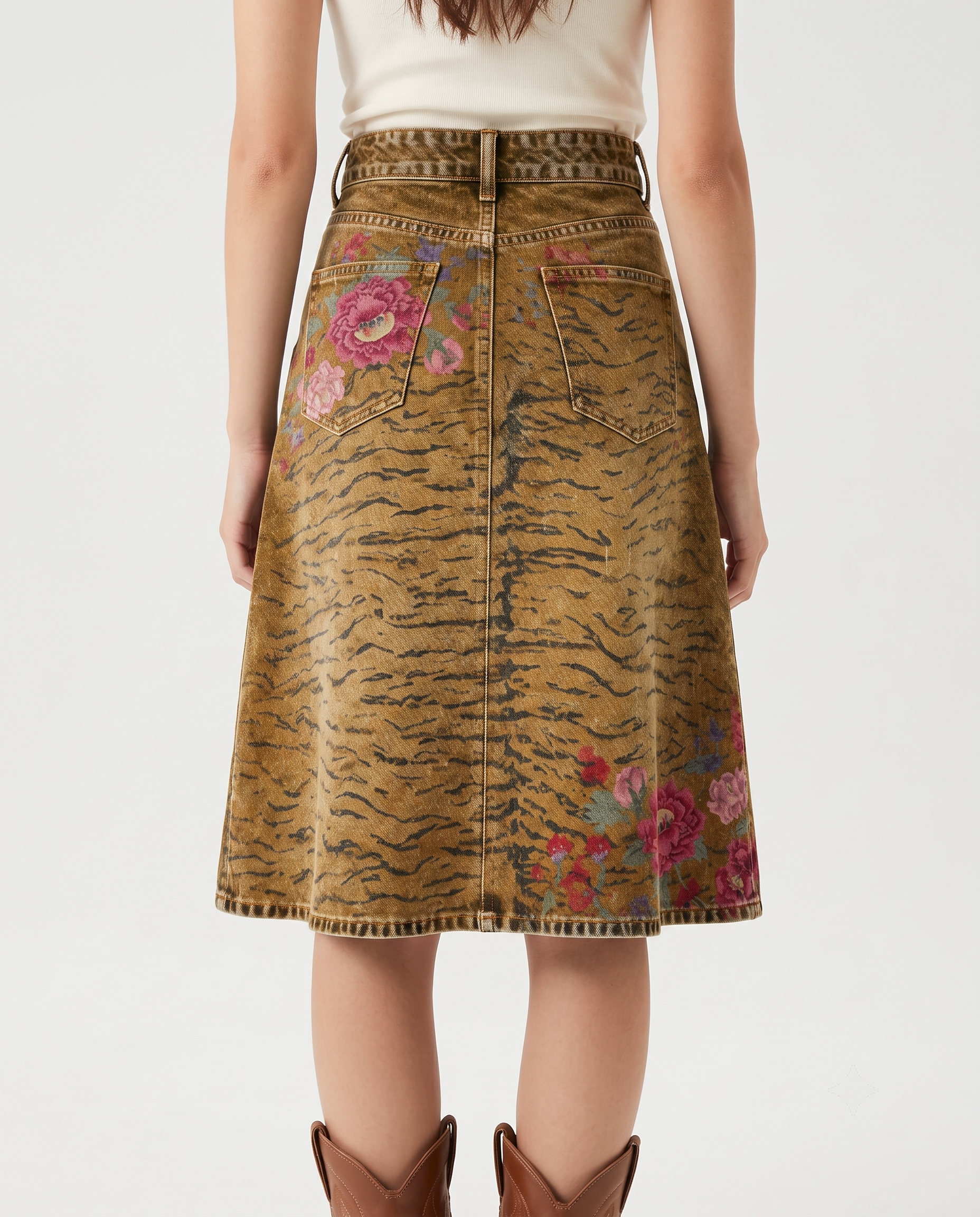 Tan Florals Animal Print RB-SKT03 – Back View – Jessie – Brownish-Tan