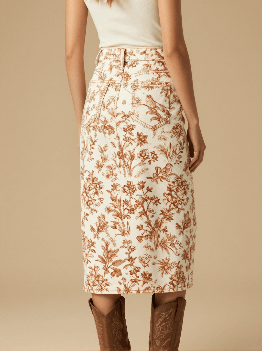 Open Range Calico Toile Western Denim Midi Skirt – Back View – Jessie – Trail Bone Ecru / Tobacco Brown
