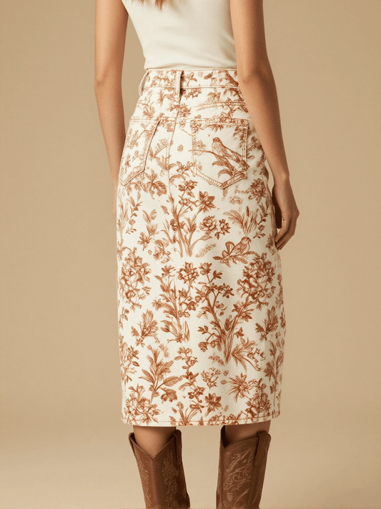 Open Range Calico Toile Western Denim Midi Skirt – Back View – Jessie – Trail Bone Ecru / Tobacco Brown