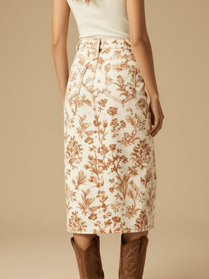 Sunrise Ranch Soft Western Denim Midi Skirt – Back View – Jessie – Trail Bone Ecru / Tobacco Brown