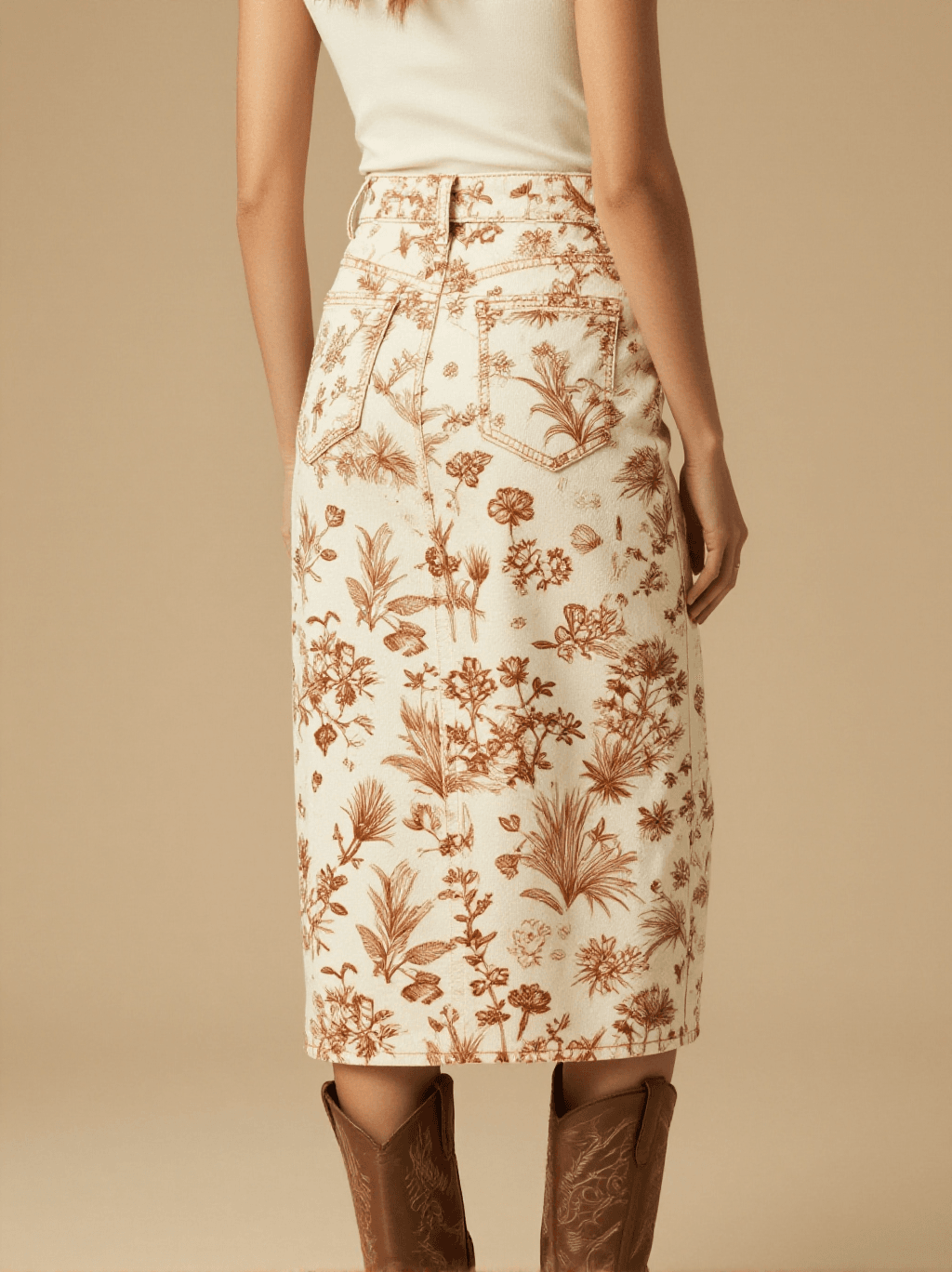 Homestead Windmill Vine Western Denim Midi Skirt – Back View – Jessie – Trail Bone Ecru / Tobacco Brown