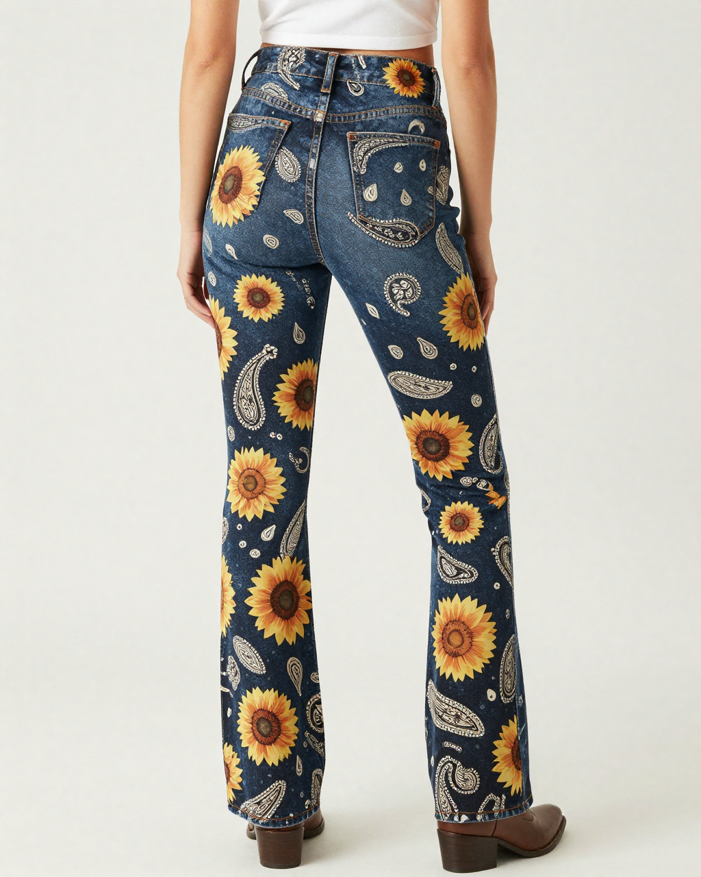 Bandana Bloom Sunflower Bootcut Jeans – Back View – Riley – Black / Cream