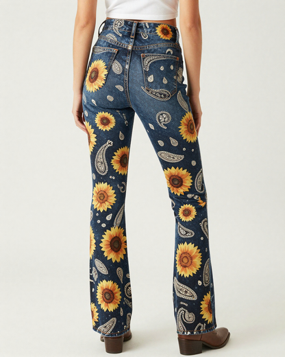 Bandana Bloom Sunflower Bootcut Jeans – Back View – Riley – Black / Cream