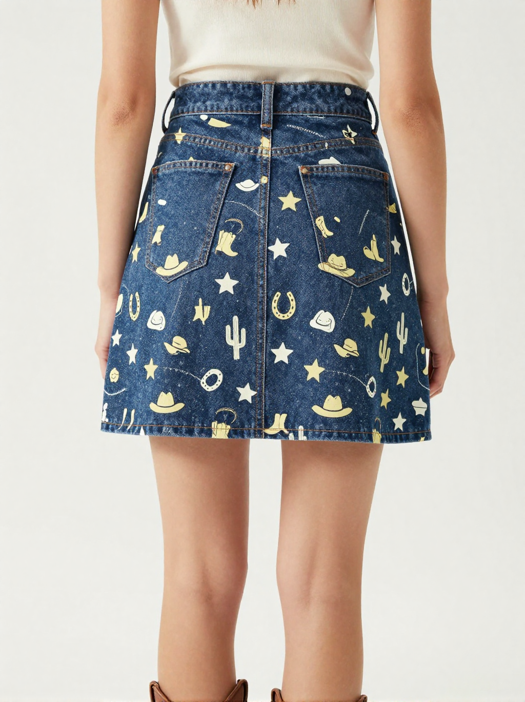 Cowgirl Toss Cool Denim Mini Skirt – Back View – Jessie – Navy / Pink / Cream
