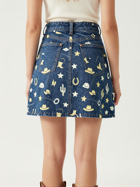 Cowgirl Toss Cool Denim Mini Skirt – Back View – Jessie – Navy / Pink / Cream