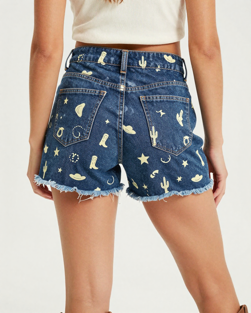 Cowgirl Toss Cool Denim Shorts – Back View – Jessie – Navy / Pink / Cream