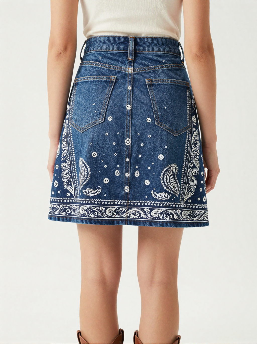 Midnight Navy Bandana Denim Mini Skirt – Back View – Jessie – Navy / White
