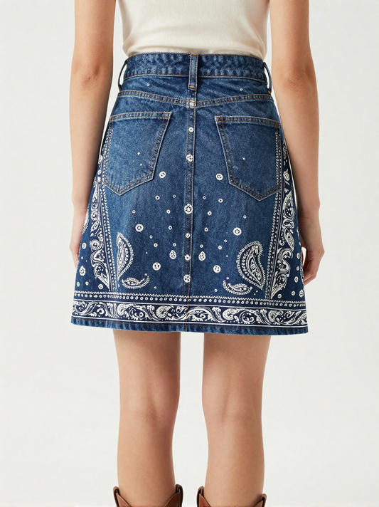Midnight Navy Bandana Denim Mini Skirt – Back View – Jessie – Navy / White