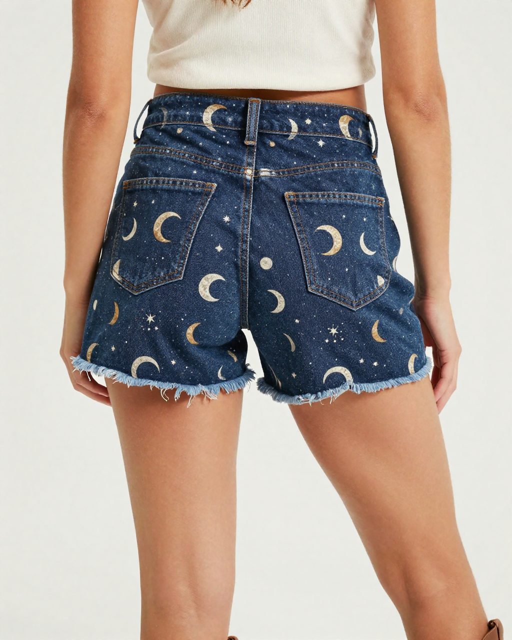 Moon Phase Horseshoe Denim Shorts – Back View – Riley – Navy / White