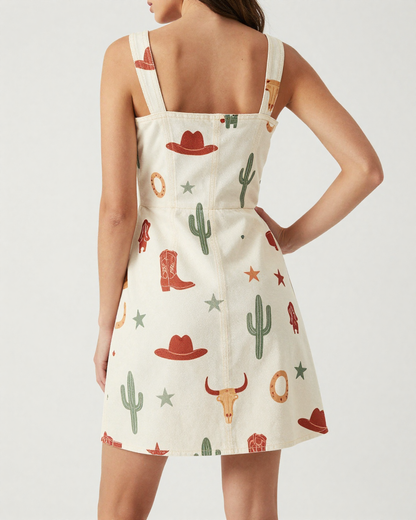 Cowgirl Toss Warm Structured Mini Dress – Back View – Riley – Denim Blue / Warm