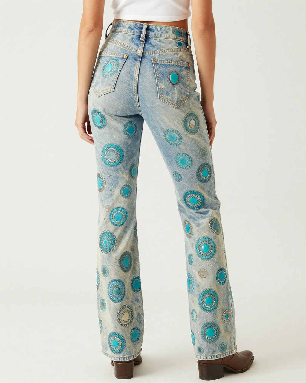 Concho Turquoise Bootcut Jeans – Back View – Riley – Cream / Ivory
