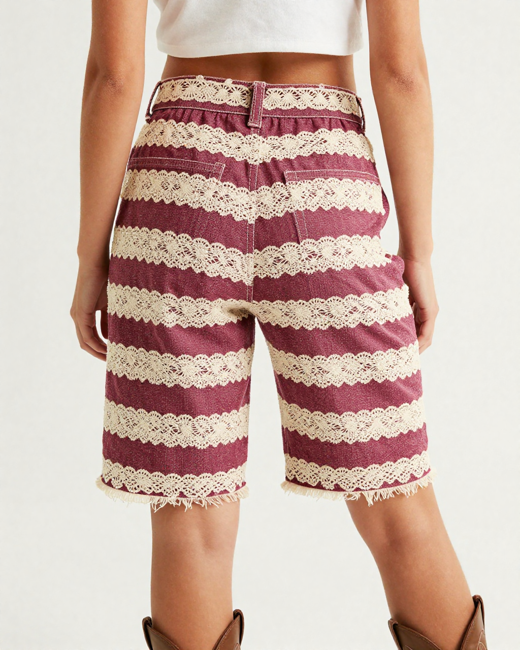 Lace Border Stripe Wine RB-BOT08 – Back View – Jessie – Ivory