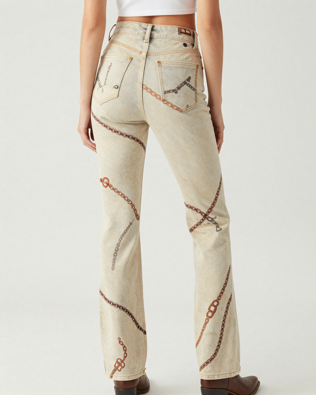 Bit & Chain Cream Bootcut Jeans – Back View – Riley – Cream / Ivory