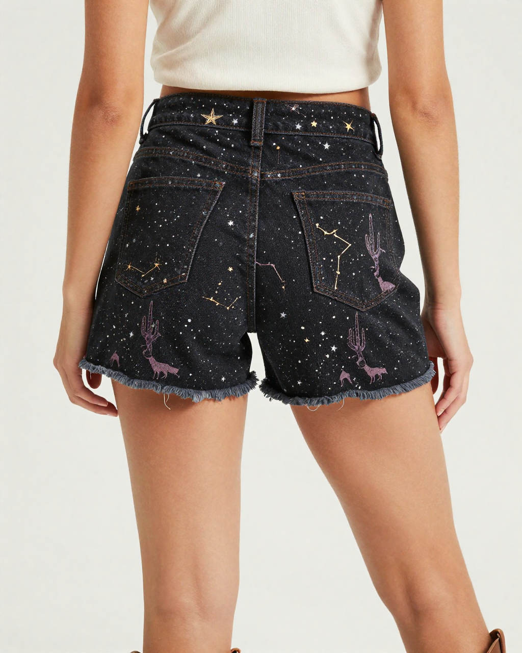 Desert Constellation Denim Shorts – Back View – Riley – Black / Cream