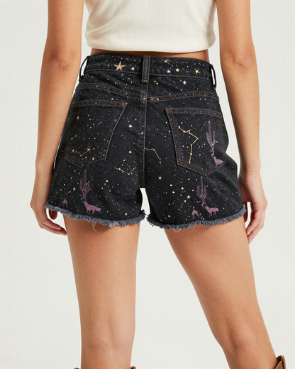 Desert Constellation Denim Shorts – Back View – Riley – Black / Cream