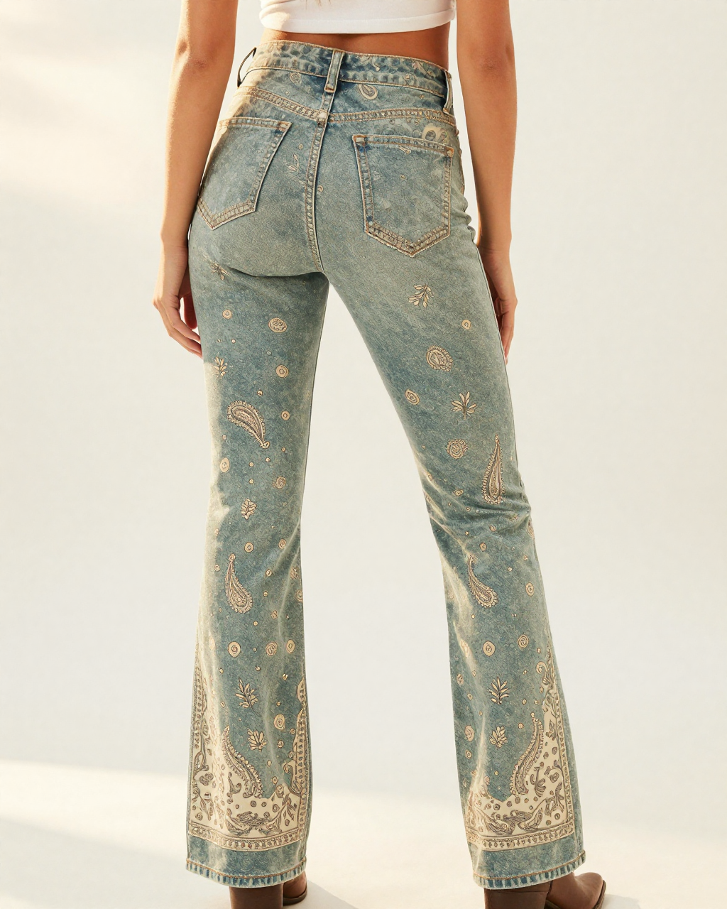 Sage Boho Bandana Bootcut Jeans – Back View – Riley – Sage / Cream