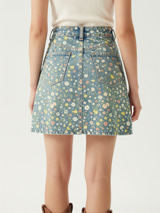 Wildflower Scatter Denim Mini Skirt – Back View – Jessie – Multi / Sage