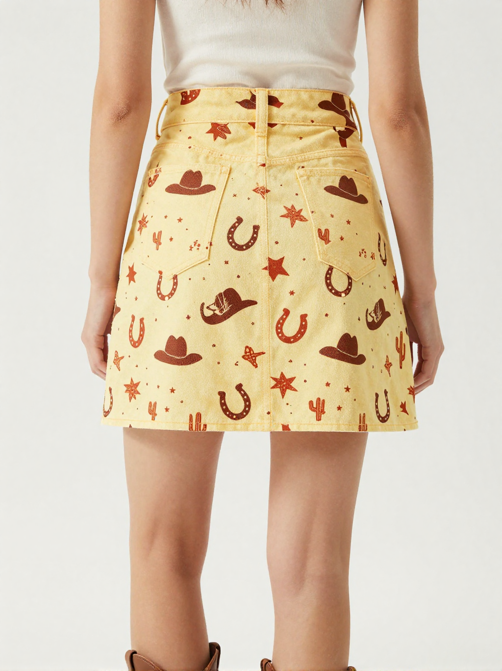 Sunshine Rodeo Denim Mini Skirt – Back View – Jessie – Gold / Brown / Cream