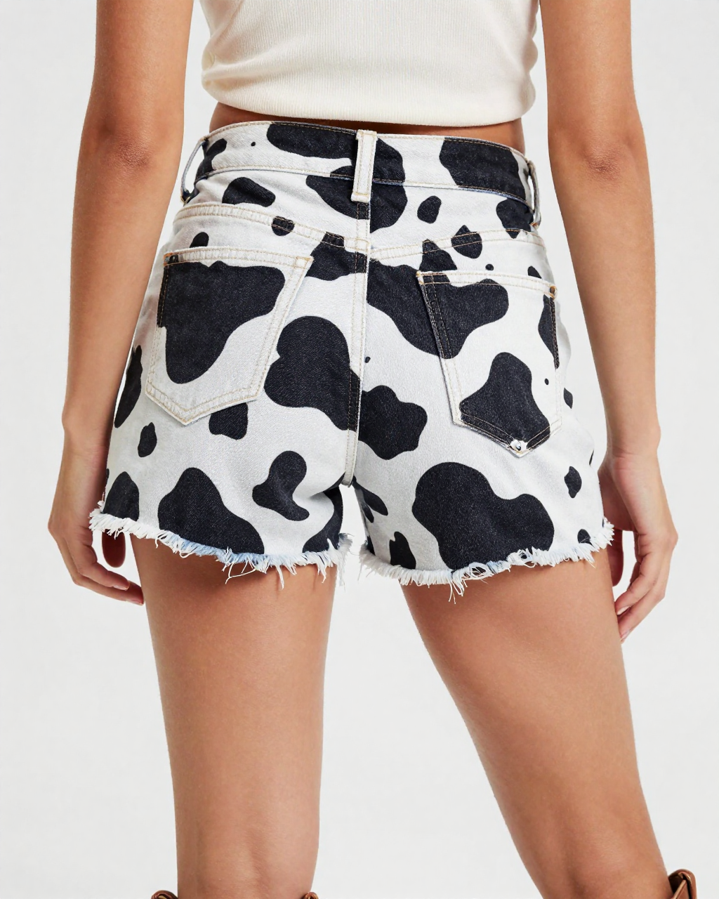 Black Cow Bold Denim Shorts – Back View – Jessie – Black / White