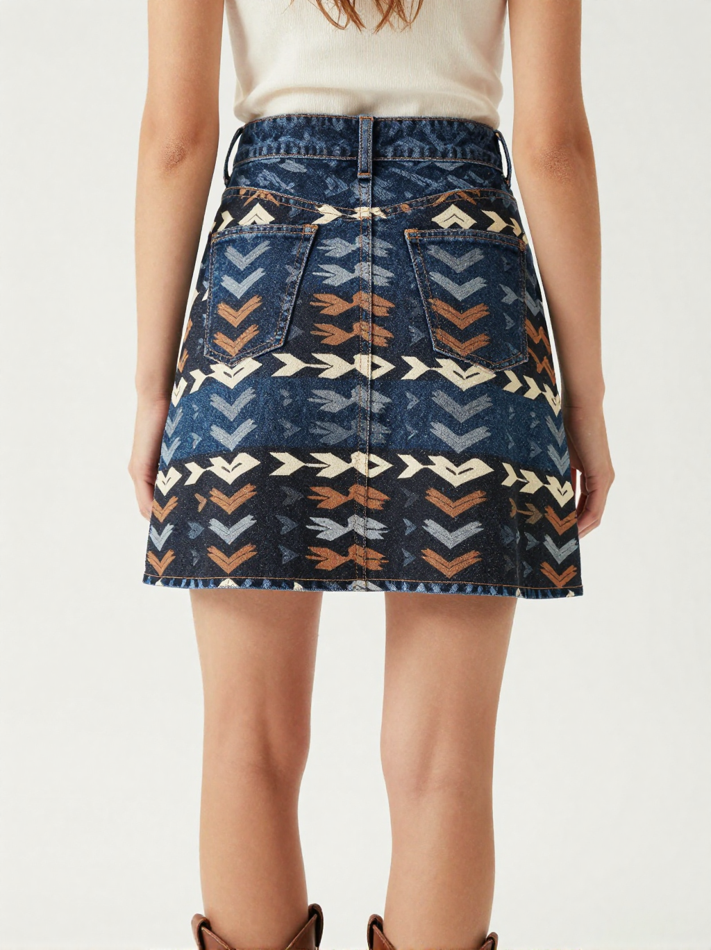 Arrow Path Denim Mini Skirt – Back View – Jessie – Cream / Sienna / Black