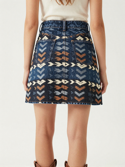 Arrow Path Denim Mini Skirt – Back View – Jessie – Cream / Sienna / Black